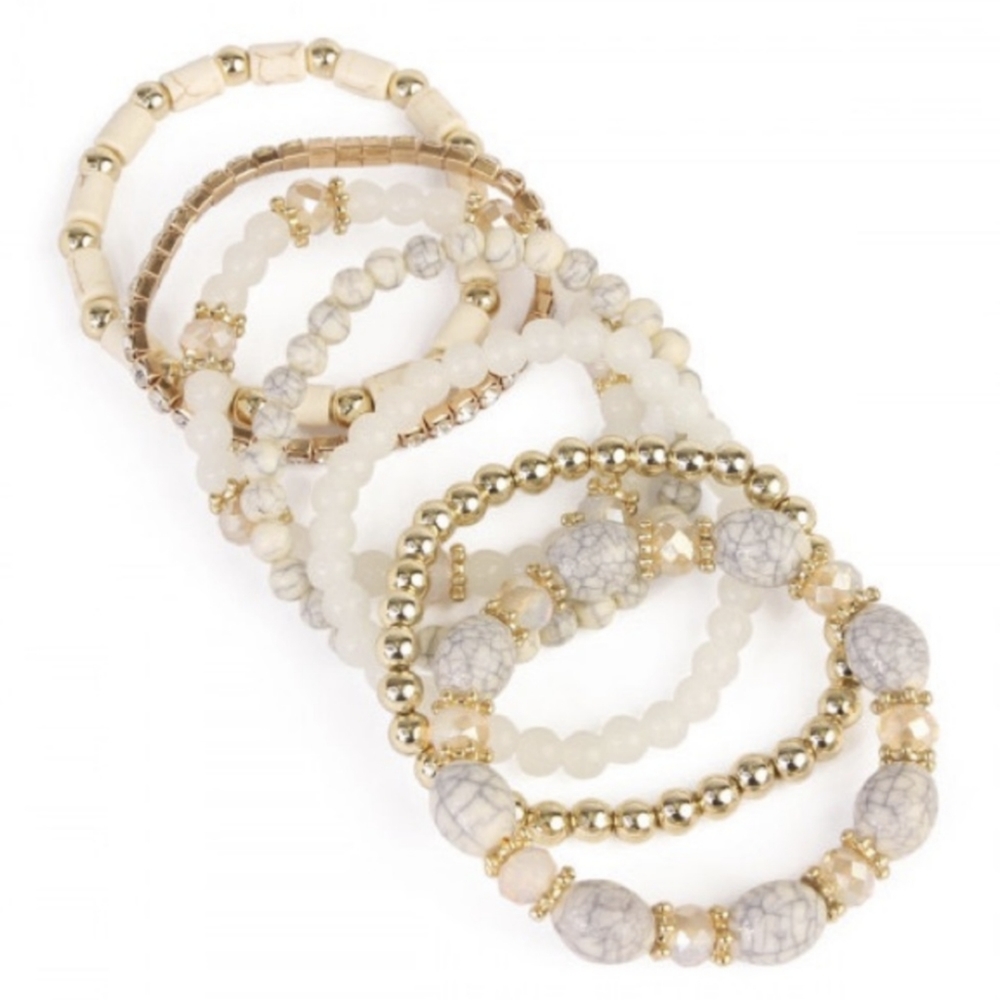 Last 2! Cream and Gold Toned Stacking Bracelets w/Natural Howlite Oval Stones - Picture 2 of 4